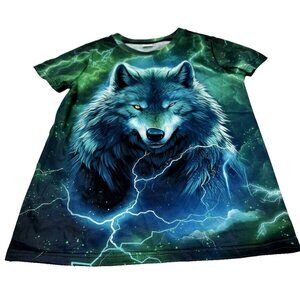 Boys Wolf T-Shirt Alpha Aura Dog Graphic Tee, Blue & Green, Size Medium, New